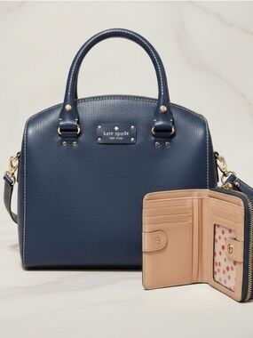 kate spade Navy Pebbled Leather Satchel with Blush Wallet